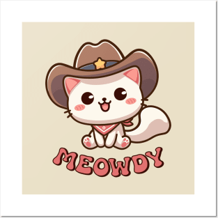 Meowdy Kawaii Cat Wearing a Cowboy Hat Posters and Art